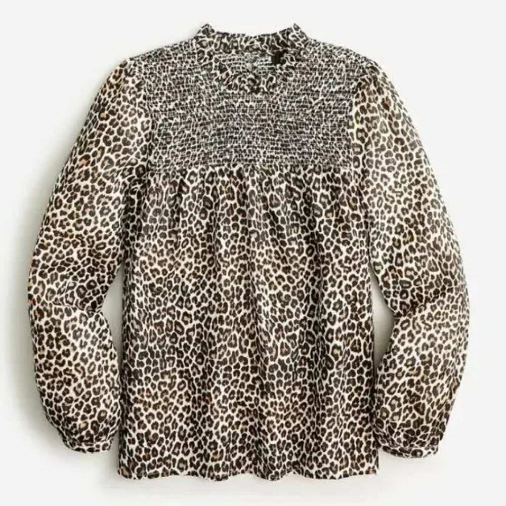 J.Crew Leopard Print Smocked Button-Back Blouse (Size XS)